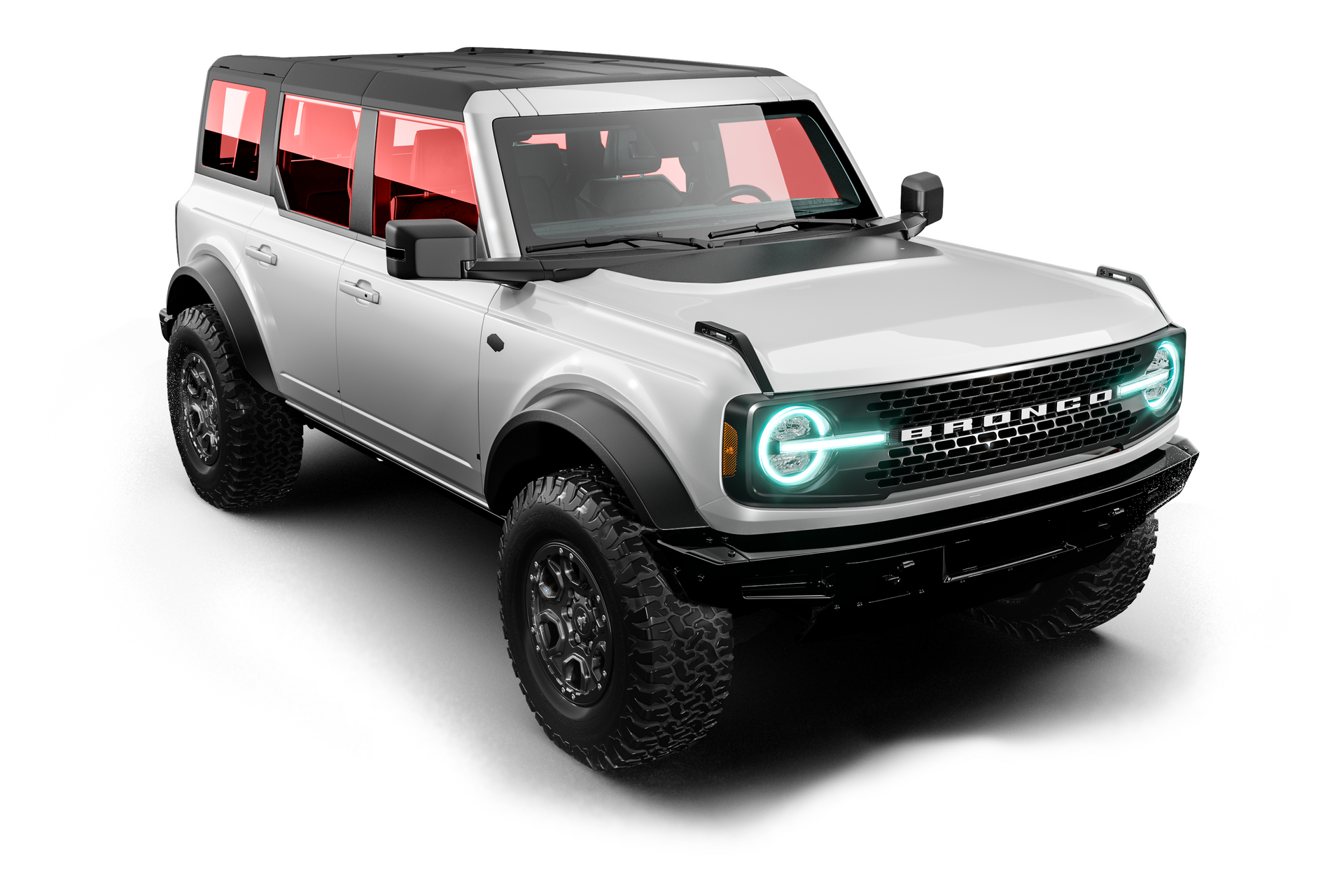 A white suv with red seats on a white background.