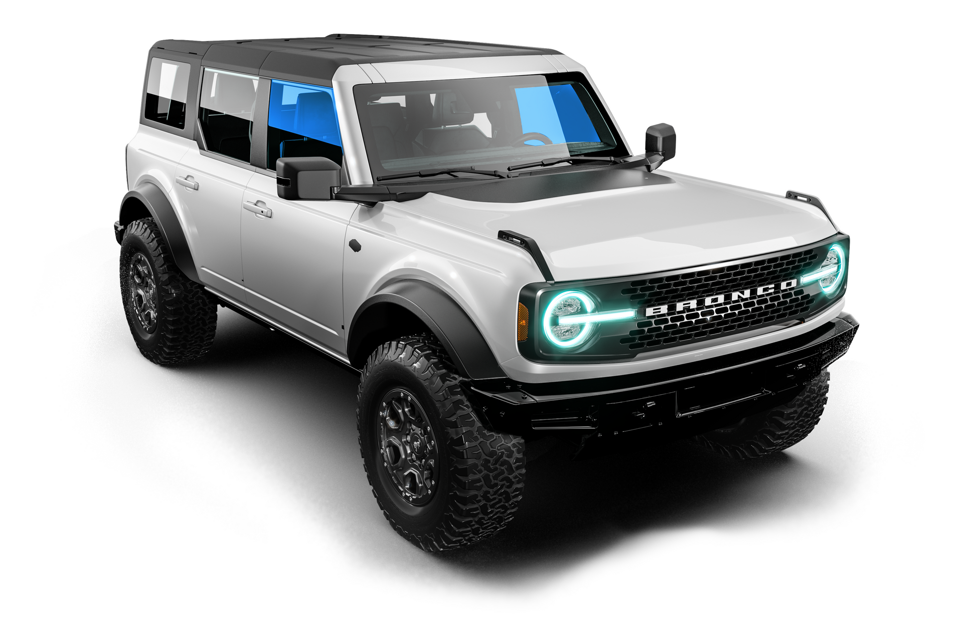 A white rivian r1 suv is shown on a white background.