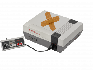 Nintendo Entertainment System console with a bandage on top, controller to the side.