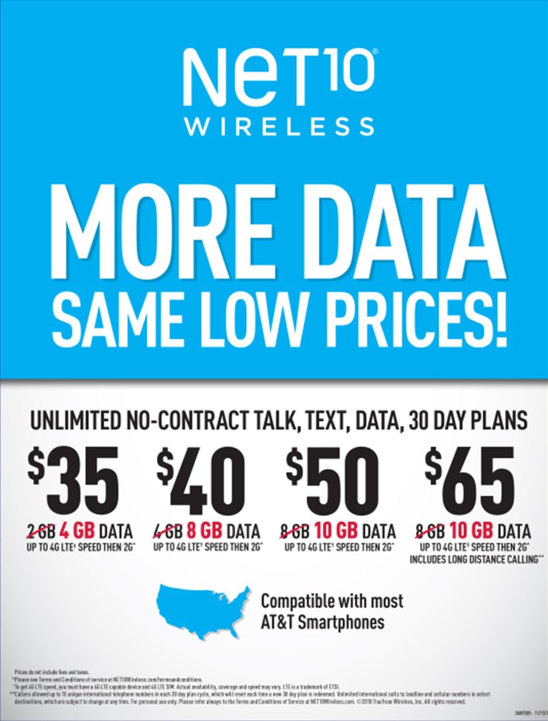 Advertisement for NET10 Wireless with four unlimited no-contract phone plans, data, and prices.