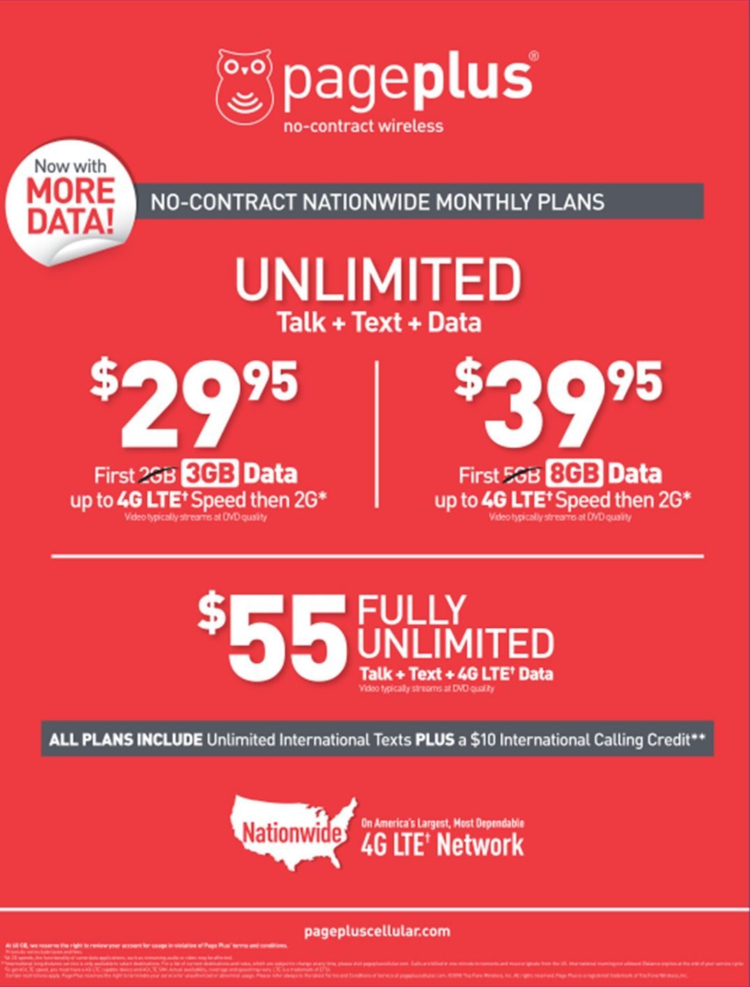 Page Plus mobile plan advertisement. Red background with unlimited talk, text, and data plans starting at $29.95.