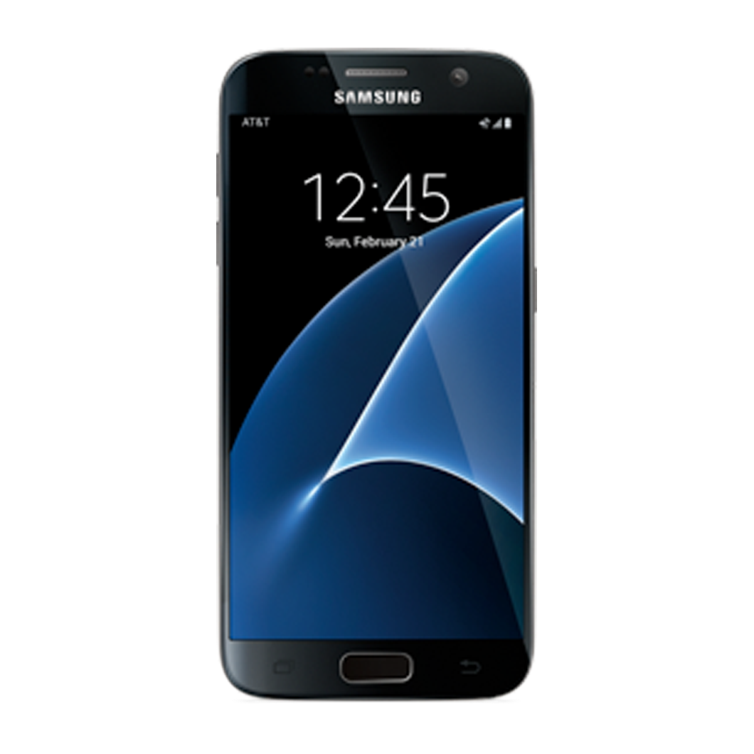 Samsung Galaxy S7 smartphone, black, displaying a blue abstract design with time and date on the screen.
