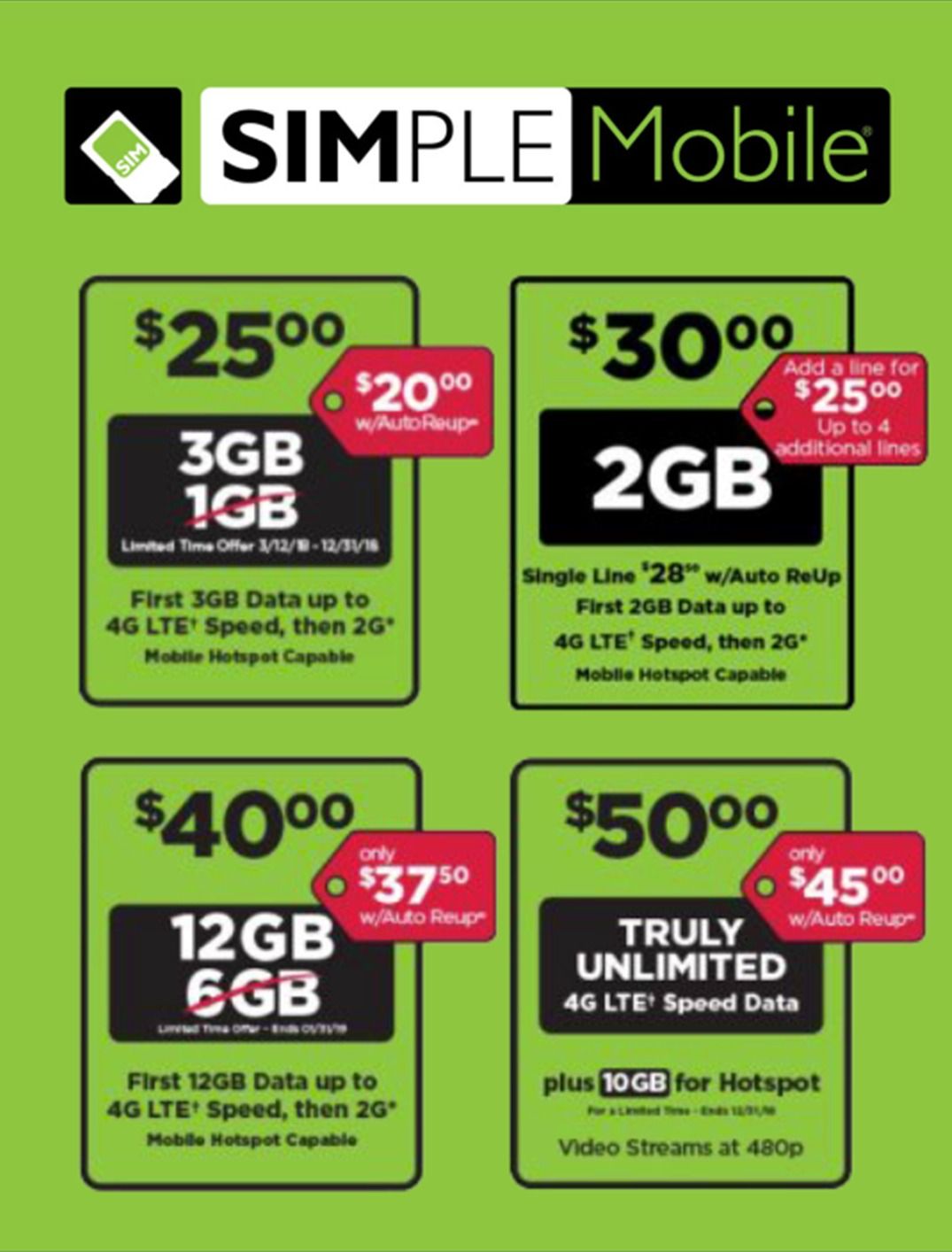 Simple Mobile plan offers with prices and data amounts, shown on a green and white background.