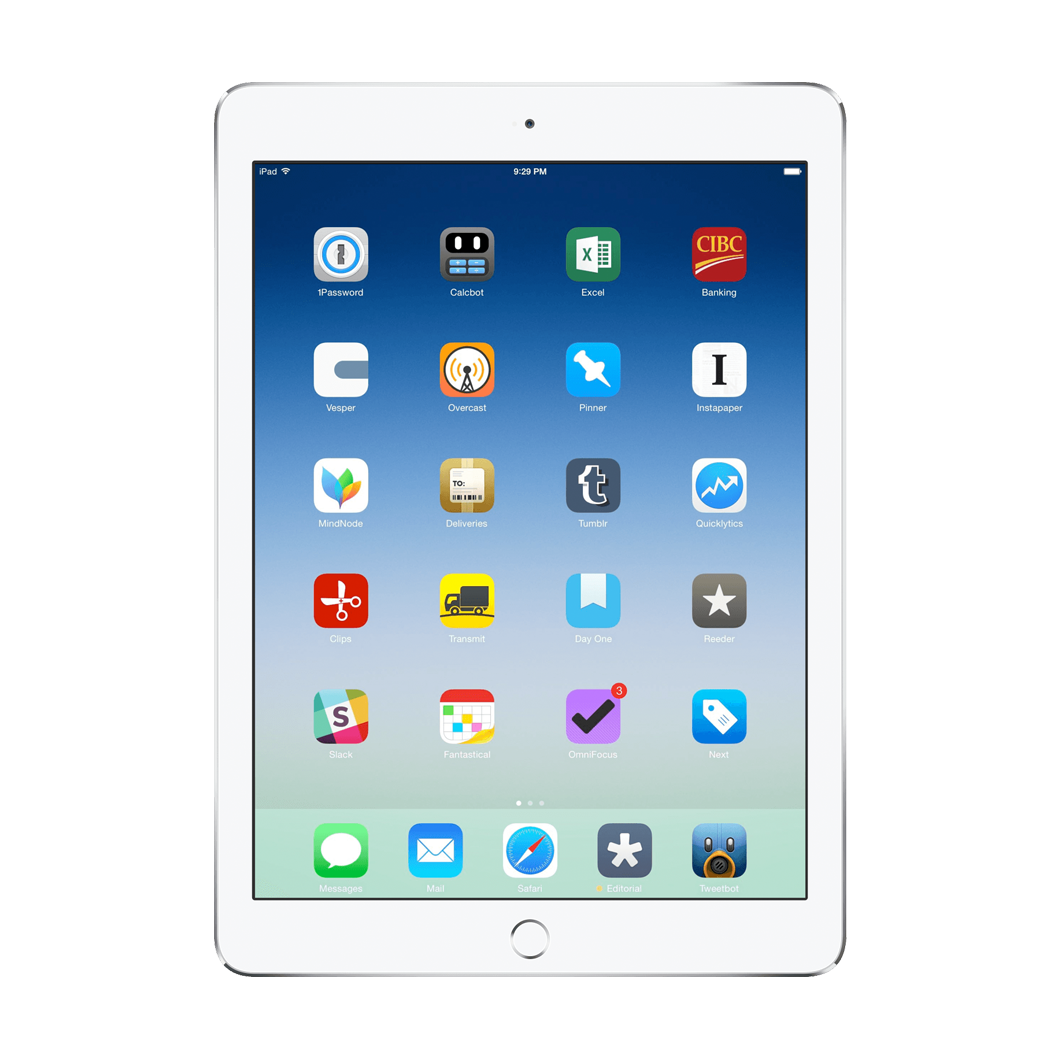 White iPad displaying app icons on a blue gradient background.