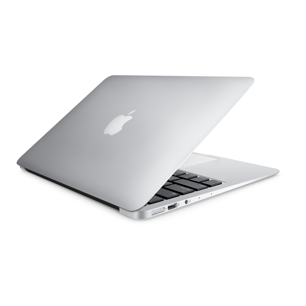 Silver Apple laptop, partially open, angled slightly, revealing keyboard and ports.