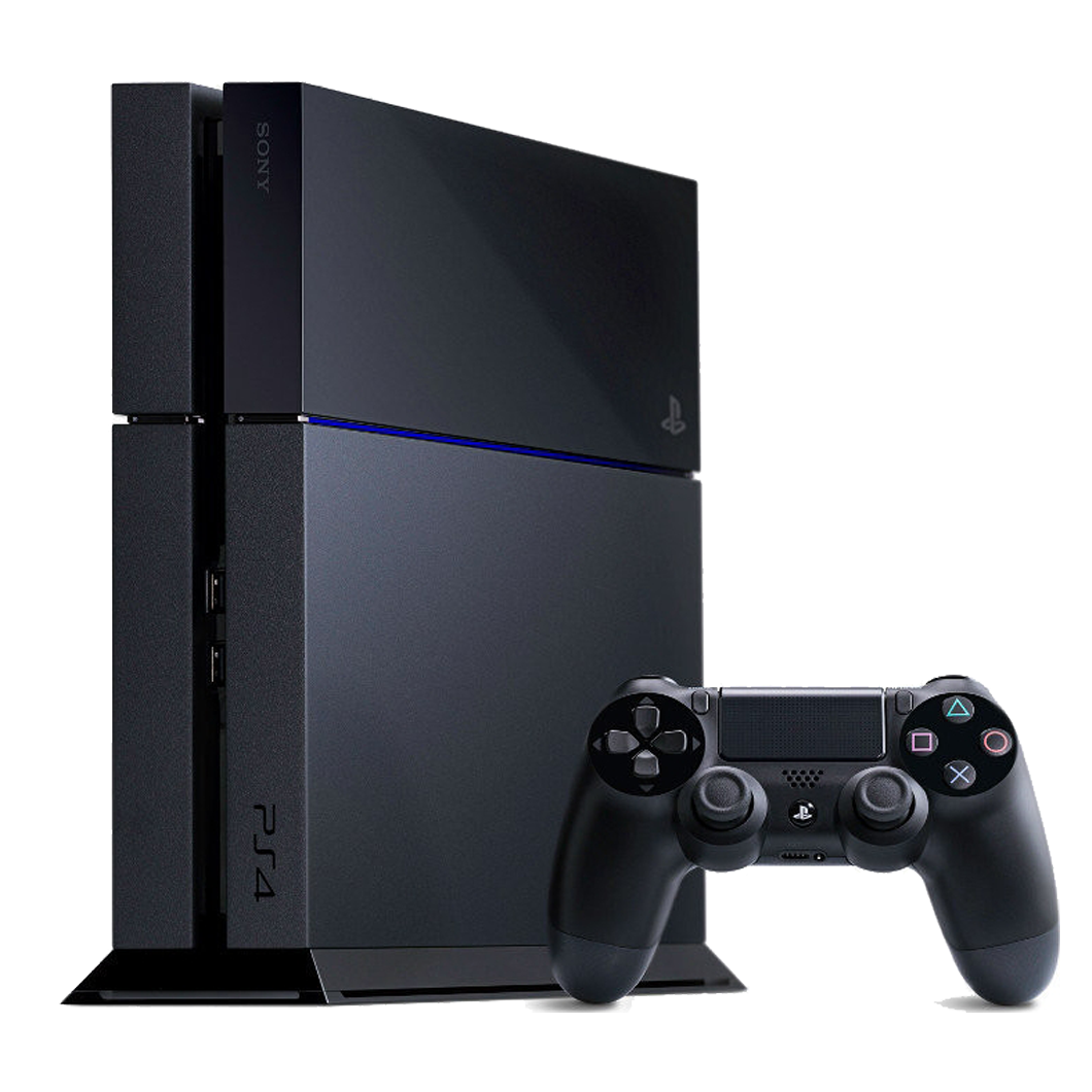 Black PlayStation 4 console and controller on white background.
