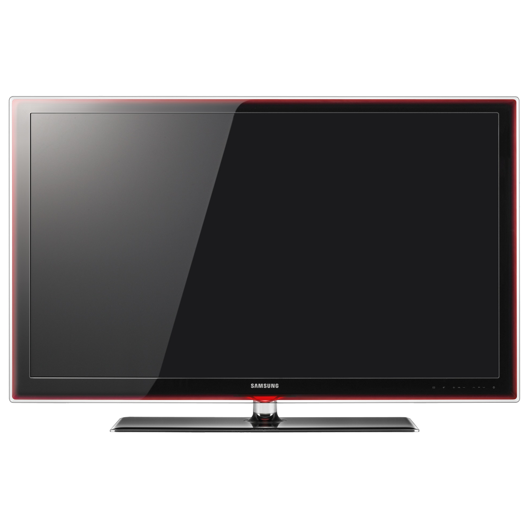 Flat-screen television with a red border, black screen, and central base.
