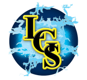 Black "LGS" letters with yellow outline on a blue globe background.