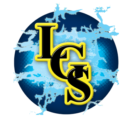 Black "LGS" letters with yellow outline on a blue globe background.