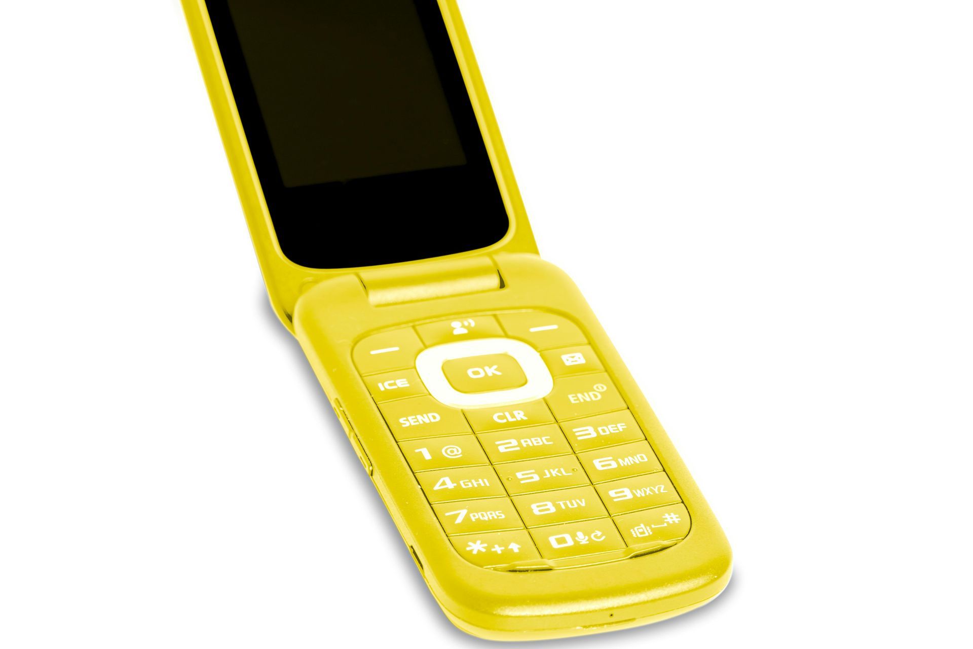 Yellow flip phone, open, with a numeric keypad and display.