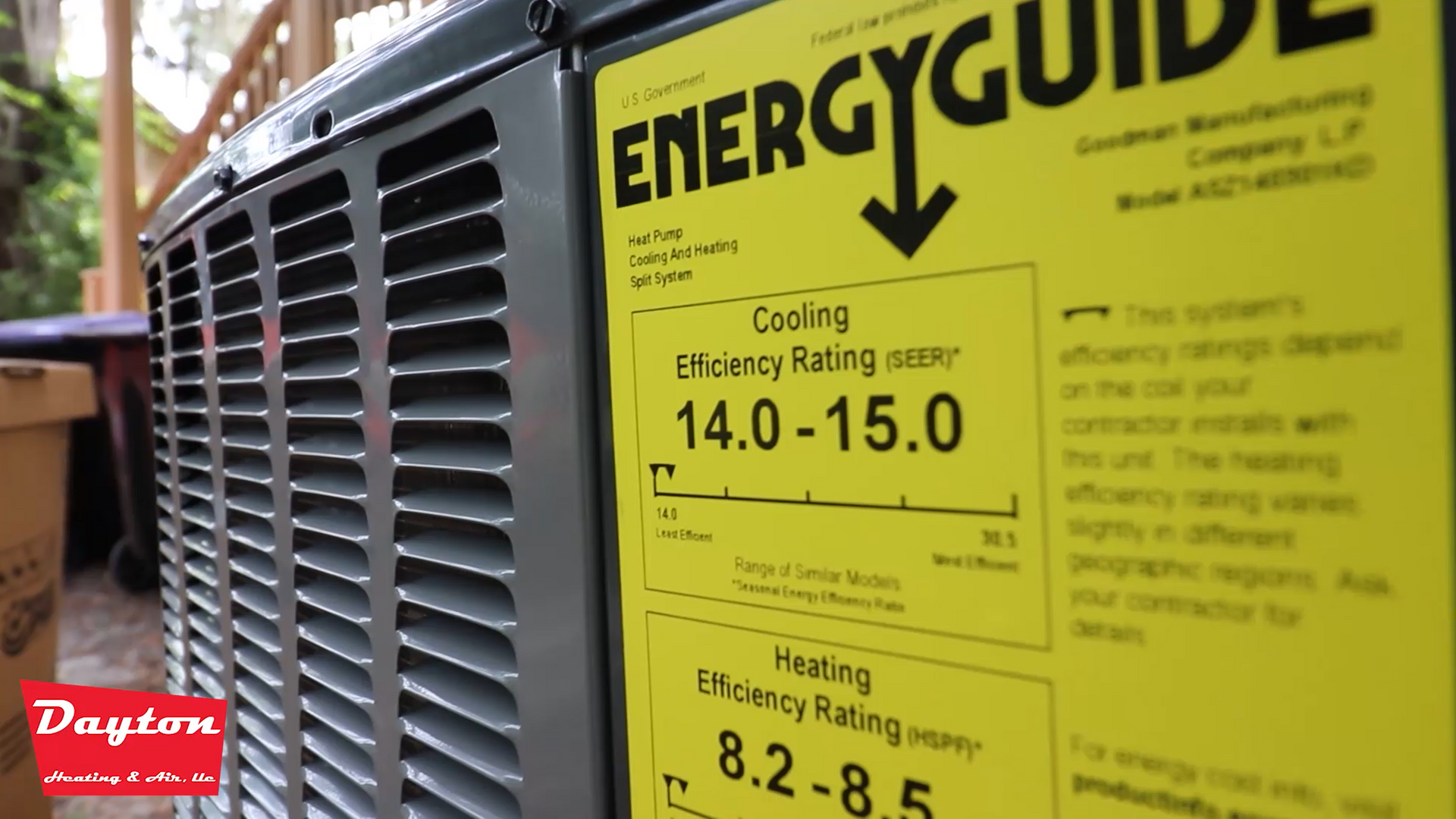 an HVAC unit in Gainesville with one of its manufacturer sticker of features and metrics