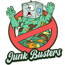 A logo for junk busters with a cartoon of a washing machine covered in trash.