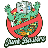 A logo for junk busters with a cartoon of a washing machine covered in trash.