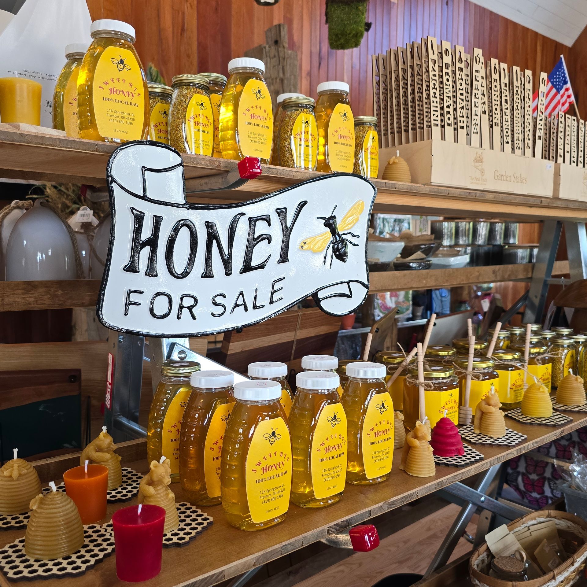 Bottles of local honey available at The Petal Patch greenhouse in Fremont, OH