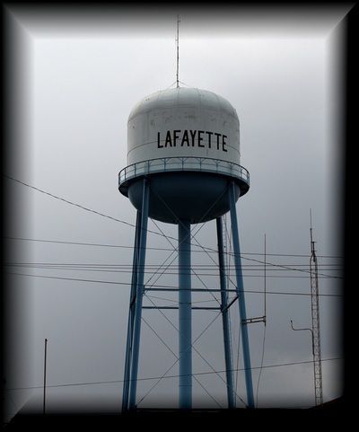 A metal water tower with
