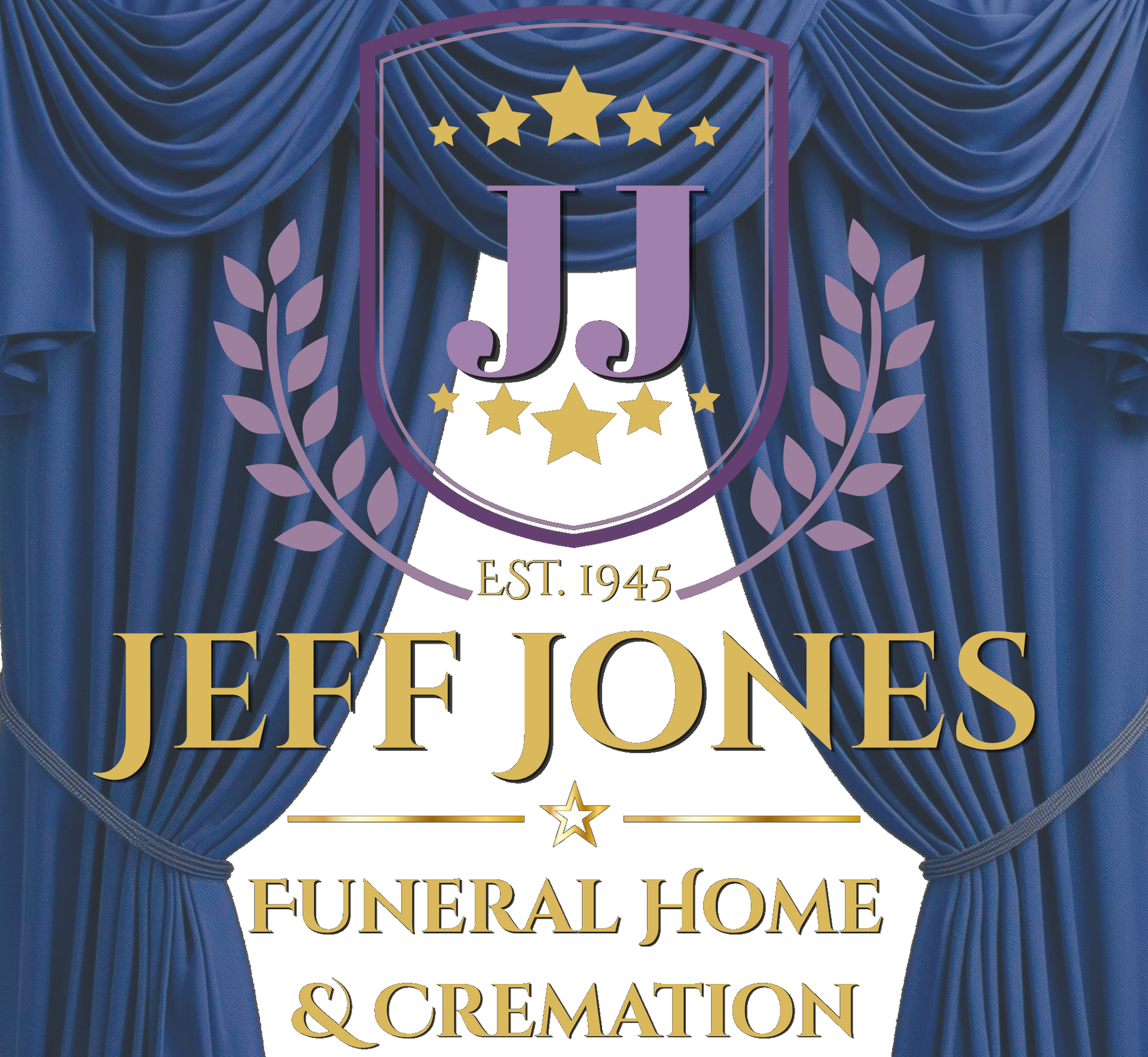 Logo for Jeff Jones Funeral Home & Cremation featuring a purple shield, gold stars, and text against blue curtains.