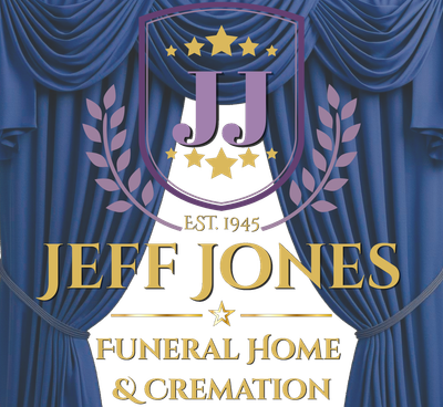 Logo for Jeff Jones Funeral Home & Cremation featuring a purple shield, gold stars, and text against blue curtains.