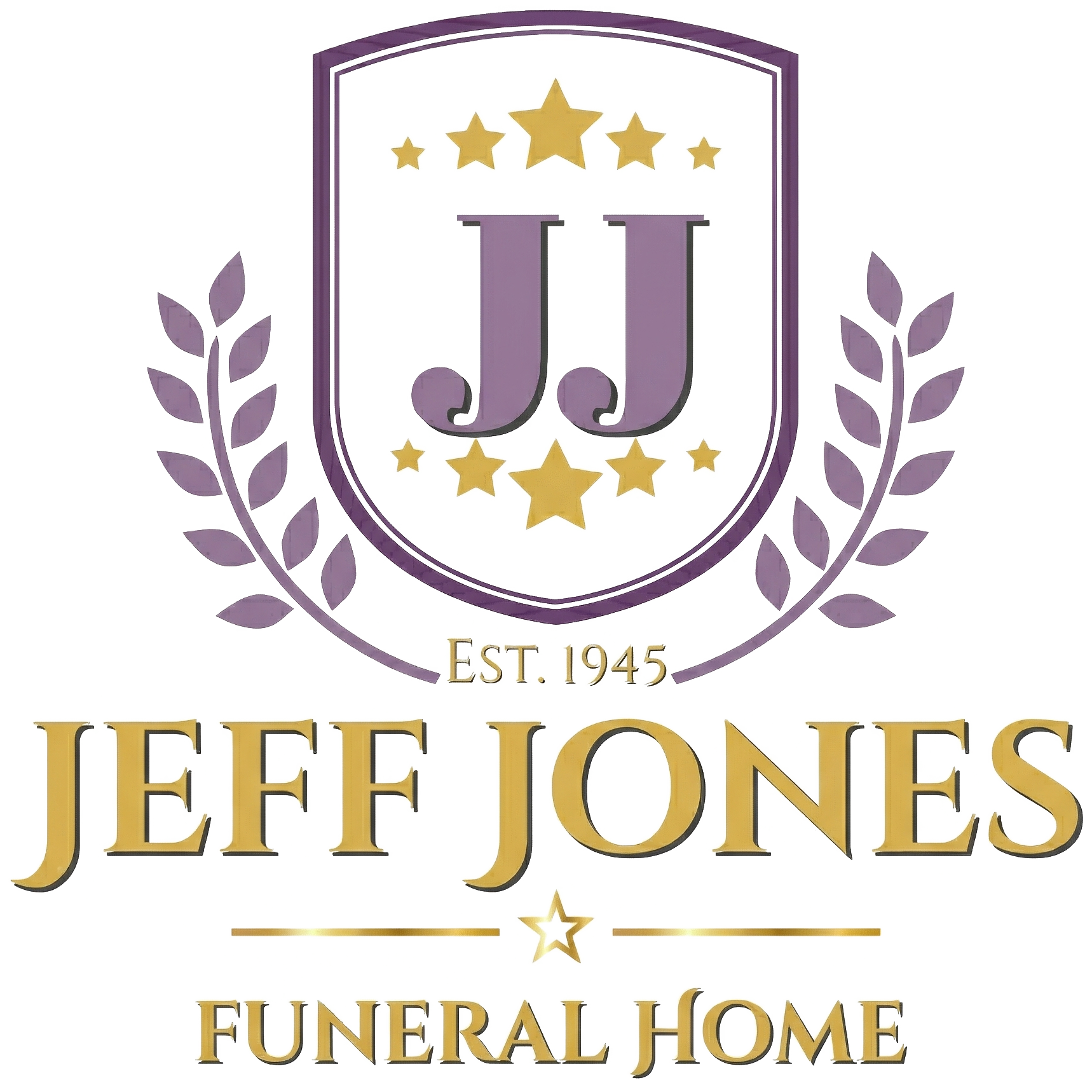 Logo for Jeff Jones Funeral Home: a purple shield with "JJ," gold stars, and laurel branches, dated "EST. 1945."