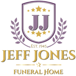 Logo for Jeff Jones Funeral Home: a purple shield with "JJ," gold stars, and laurel branches, dated "EST. 1945."