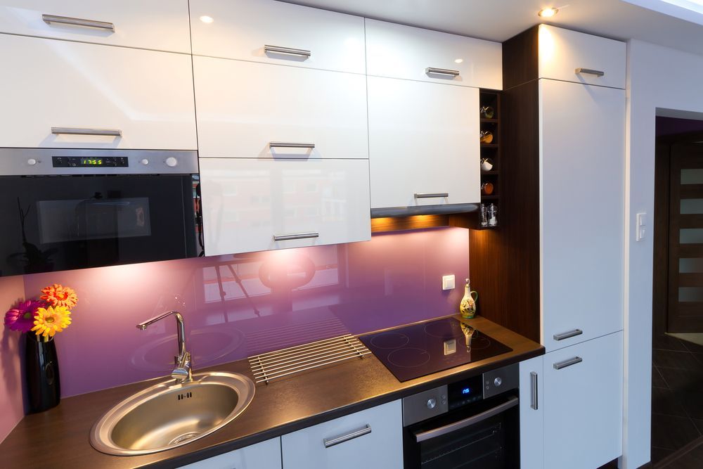 White Kitchen with Purple Splashback — Glass in Wollongong, NSW