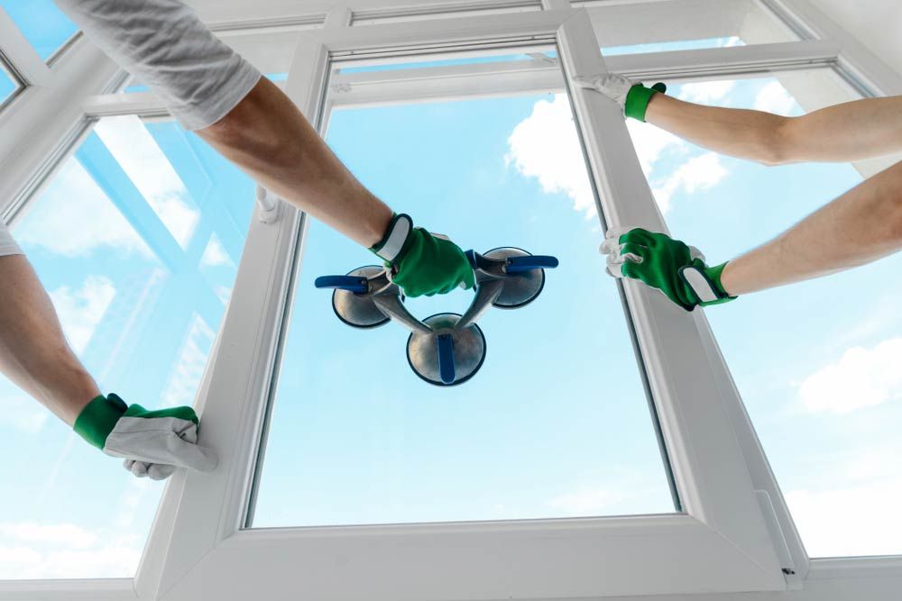 Professional Window Installer Holding Glass With Vacuum Lifter
