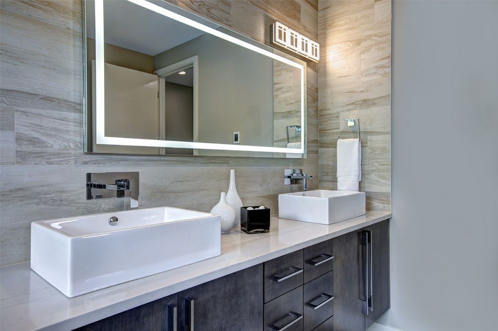 Bathroom with Two Sinks and a Large Rectangle Shape Mirror — Glass in Southern Highlands, NSW