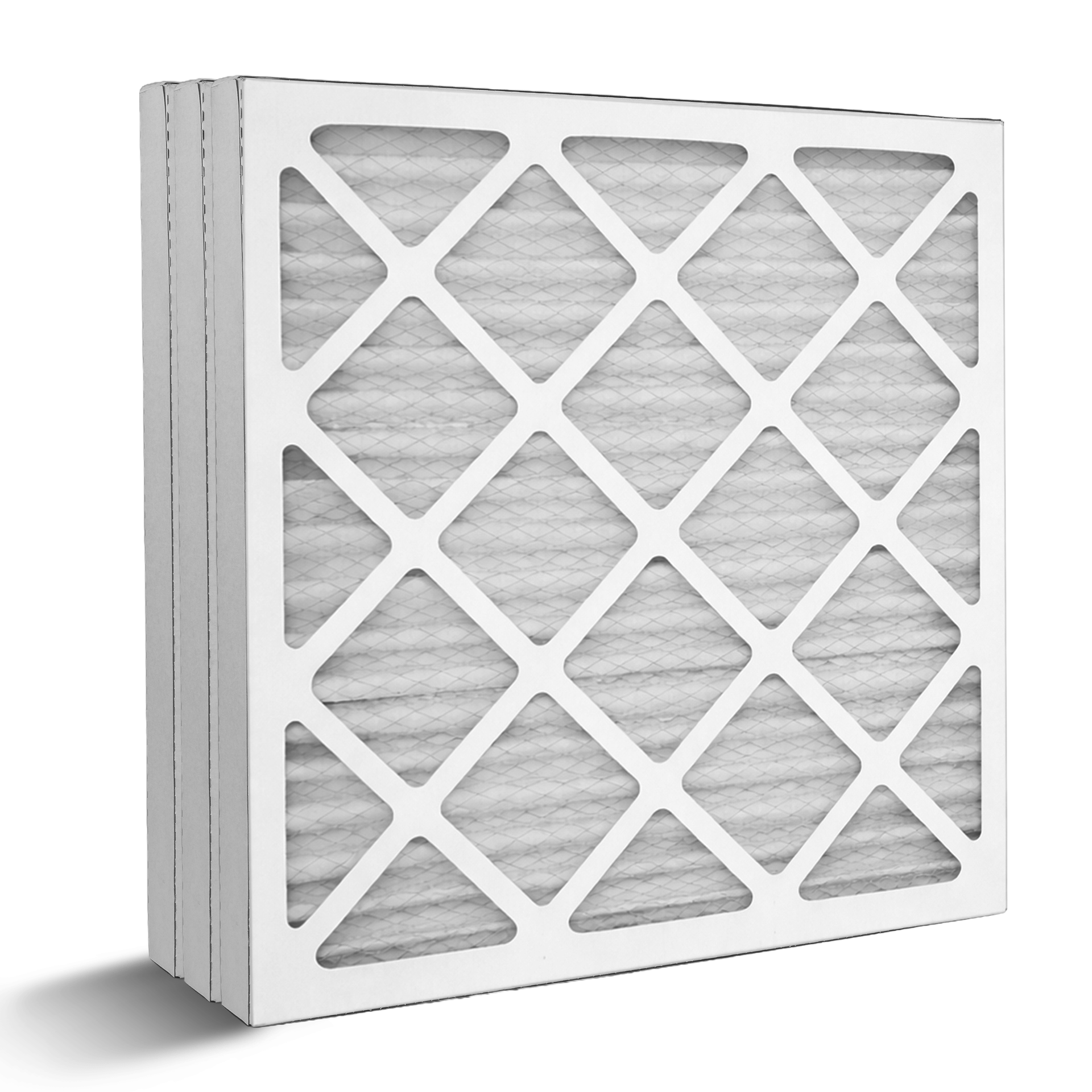 Filtro de aire HVAC blanco con marco de rejilla de diamante y medio plisado gris.