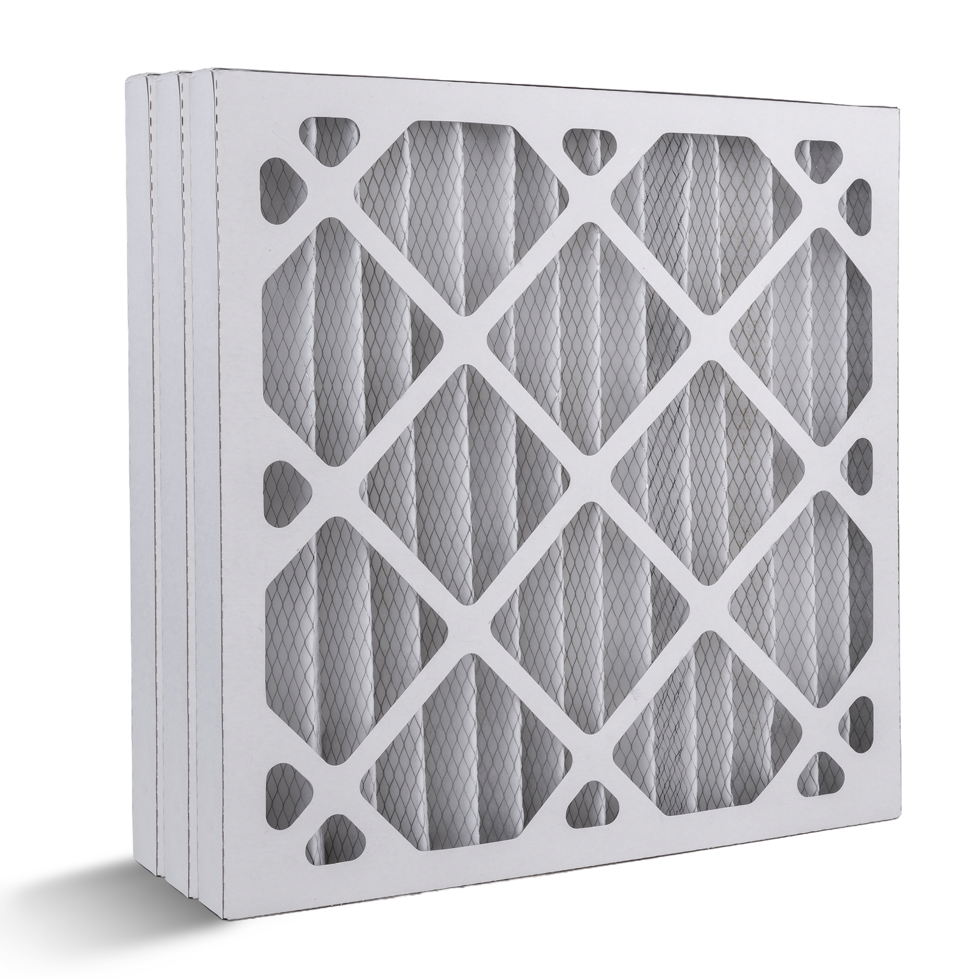 Filtro de aire HVAC blanco con un marco gris con patrón de diamante sobre un fondo blanco.