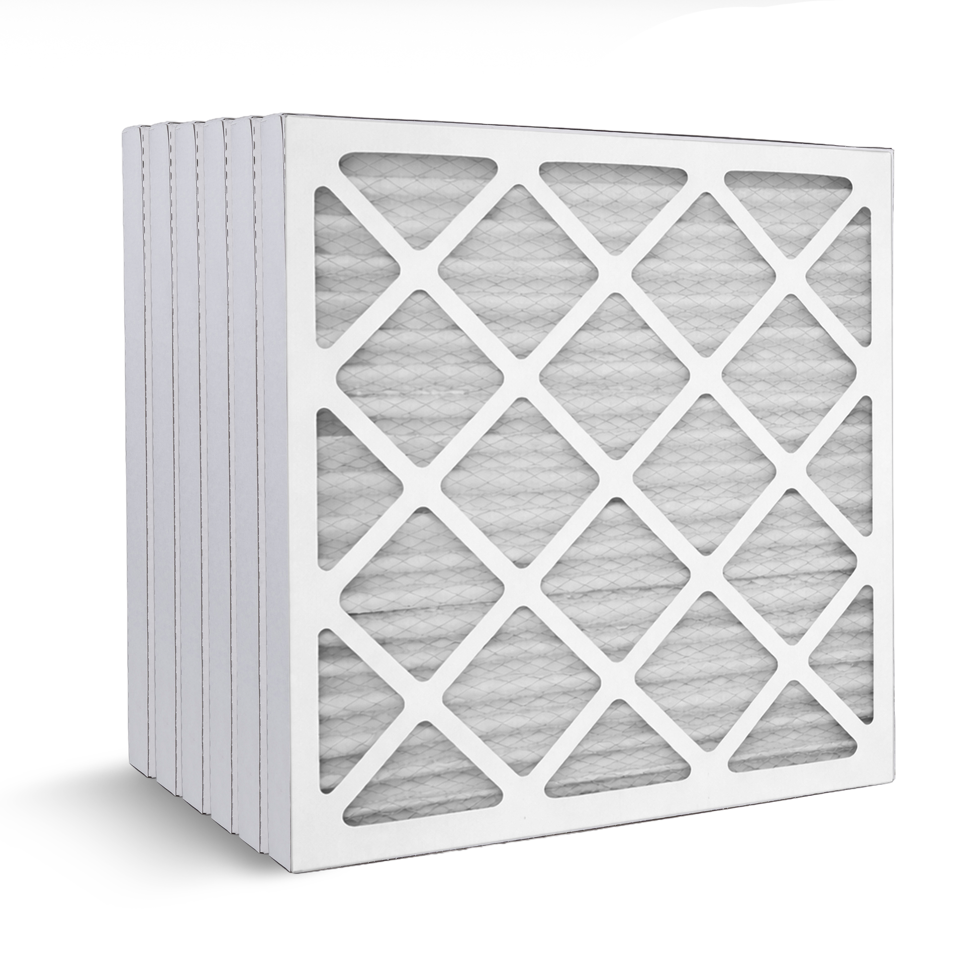 Filtro de aire HVAC blanco con marco de rejilla de diamante y medio plisado gris.