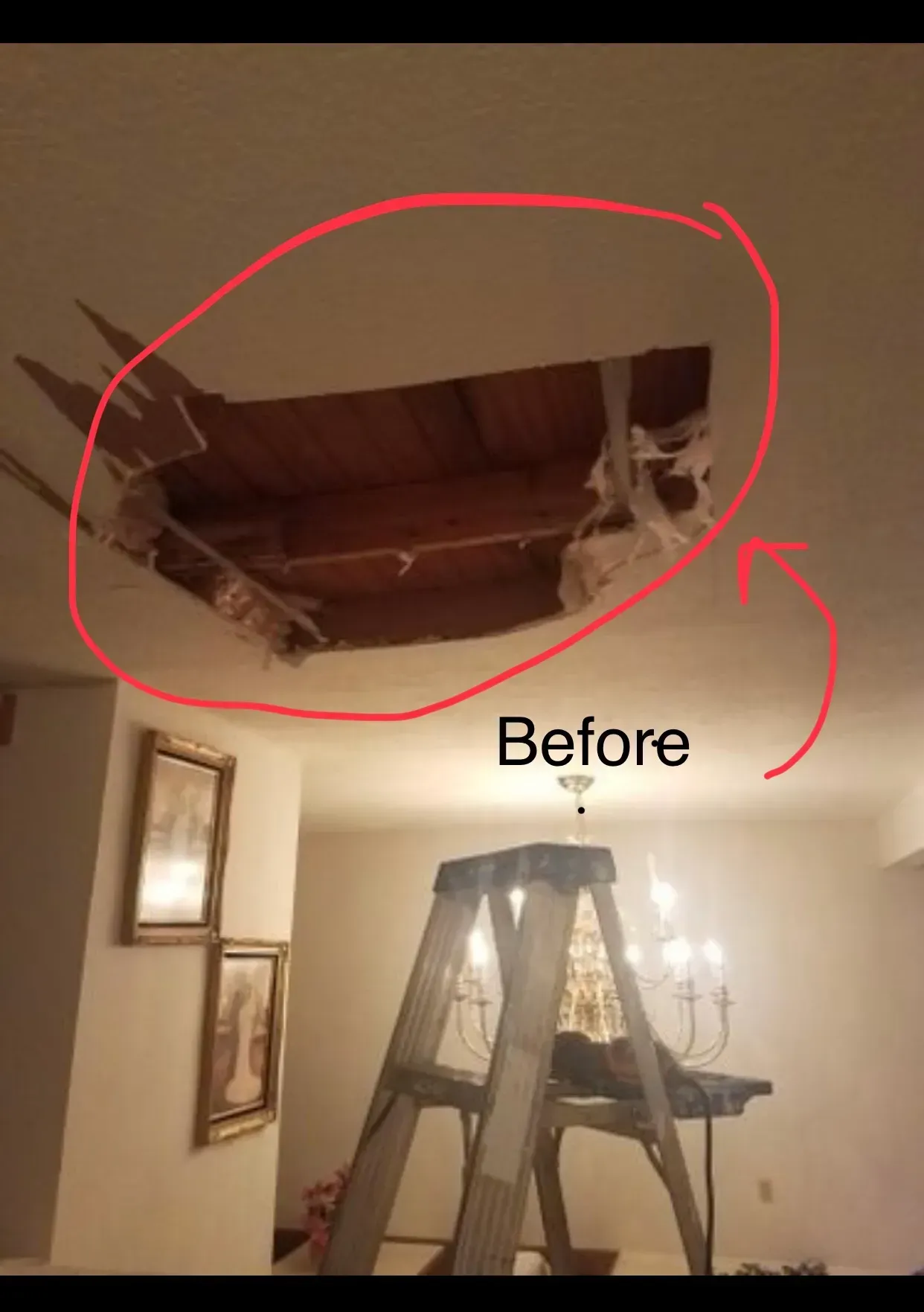 Hole in the ceiling above a ladder, labeled 