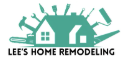 Logo for Lee's Home Remodeling: turquoise house with tools around it, black text below.