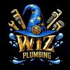 A logo for wiz plumbing with a wizard hat and wrenches