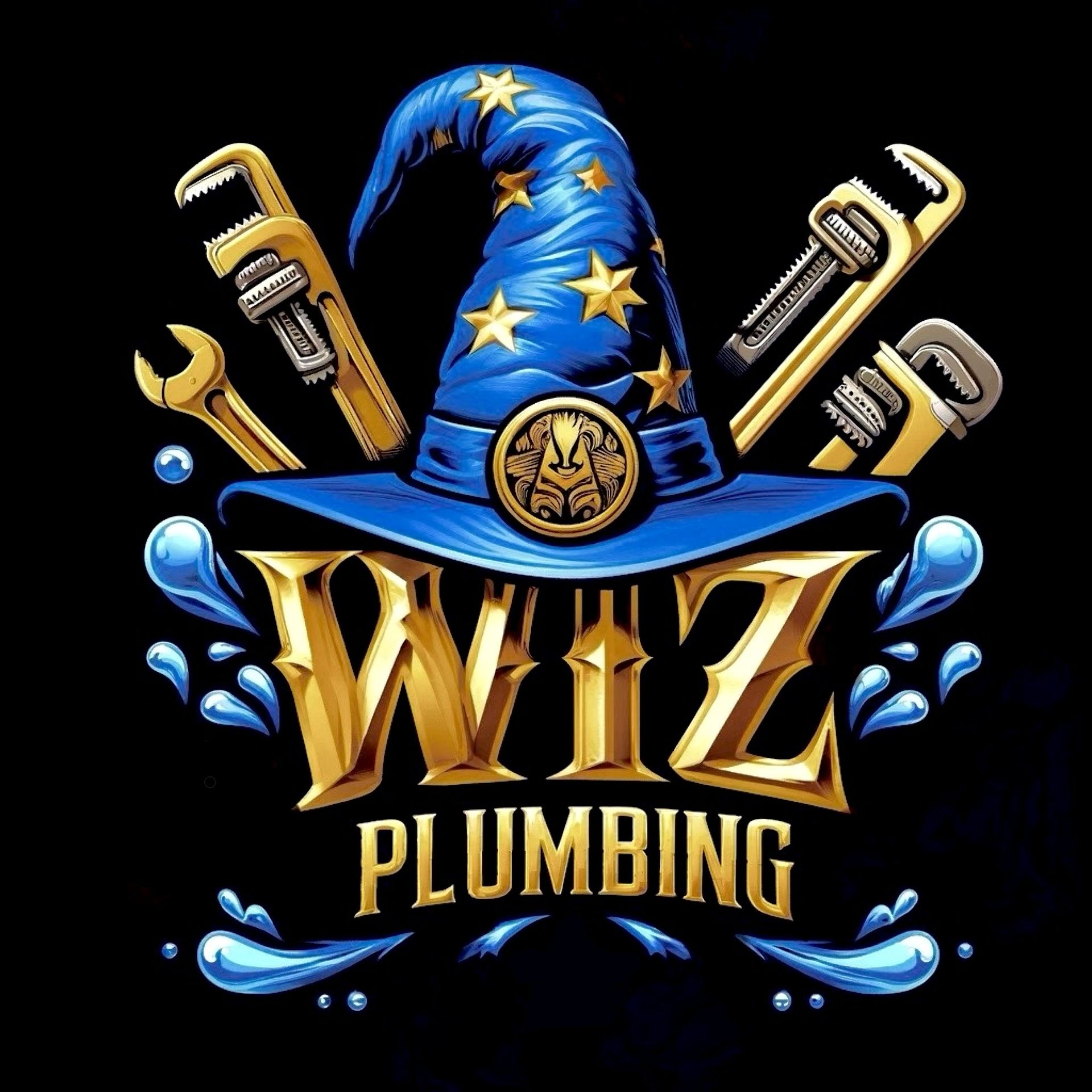 A logo for wiz plumbing with a wizard hat and wrenches