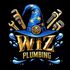 A logo for wiz plumbing with a wizard hat and wrenches