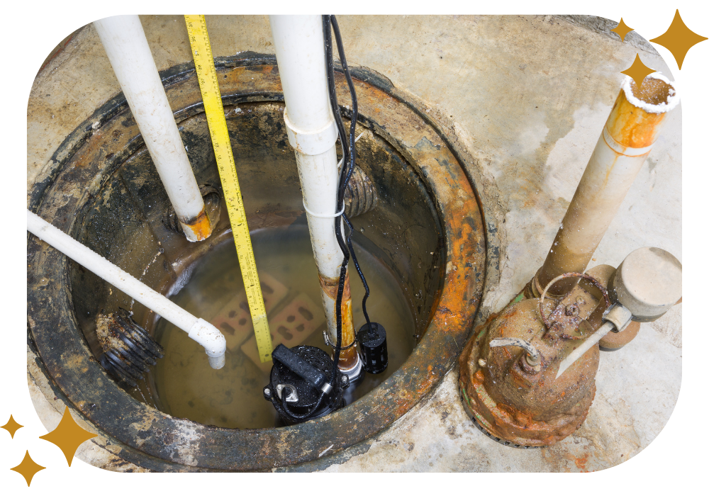 A sump with a pump and a measuring tape in it.