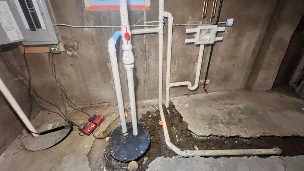 A basement with a sump pump and pipes in it.