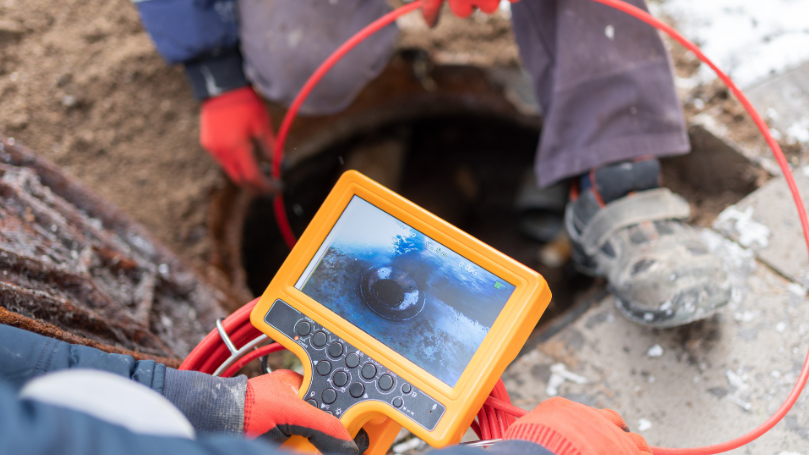 A person is using a camera to look into a manhole.
