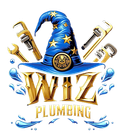 A logo for wiz plumbing with a wizard hat and wrenches