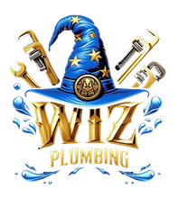 A logo for wiz plumbing with a wizard hat and wrenches