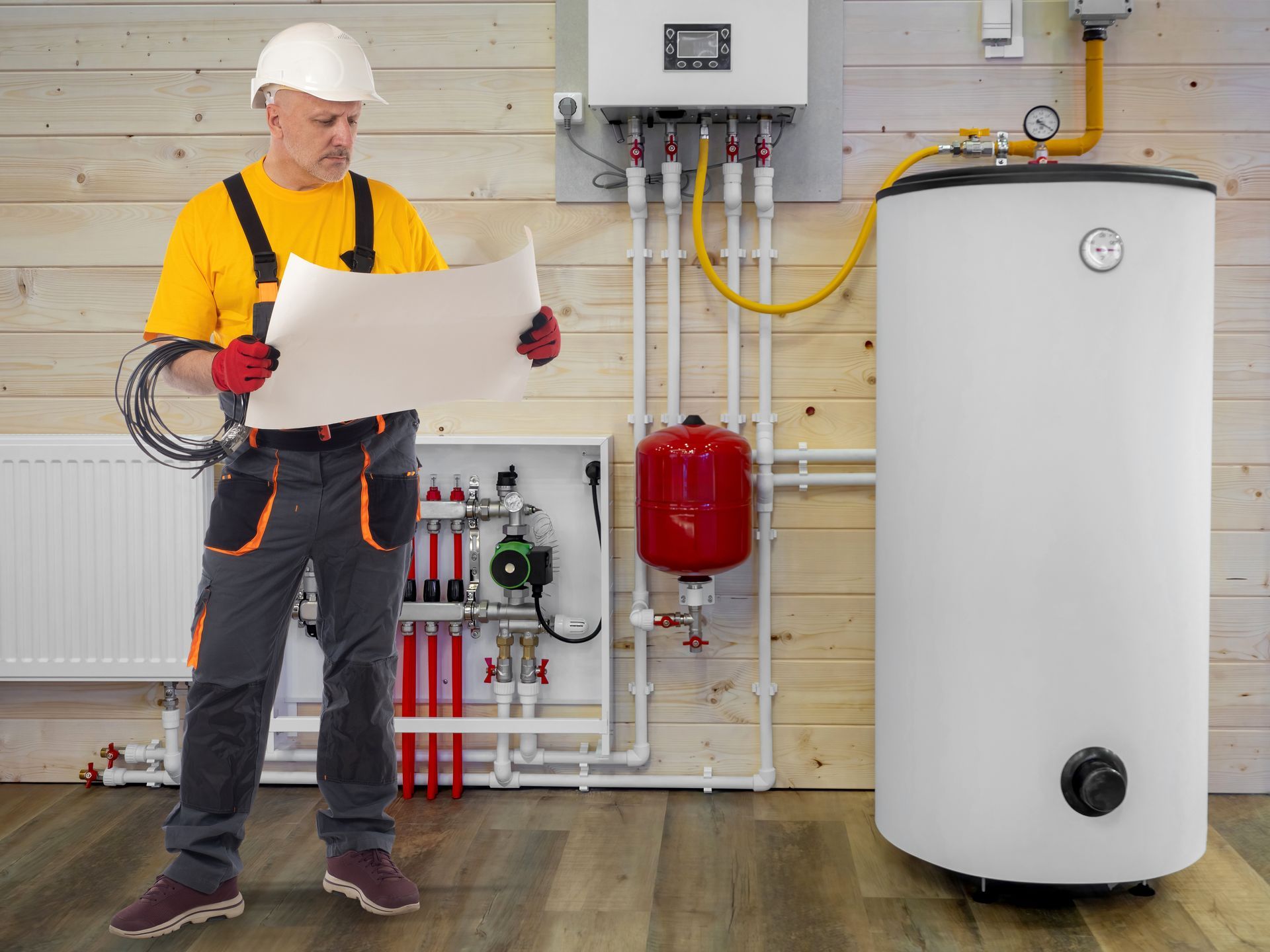 Commercial heating contractor reviewing plans next to commercial boiler and heating equipment. Commercial heating contractor reviewing plans next to commercial boiler and heating equipment.