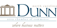The dunn area chamber of commerce logo shows a building and the words `` where business matters ''.