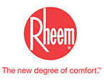 The rheem logo is red and white and says `` the new degree of comfort ''.