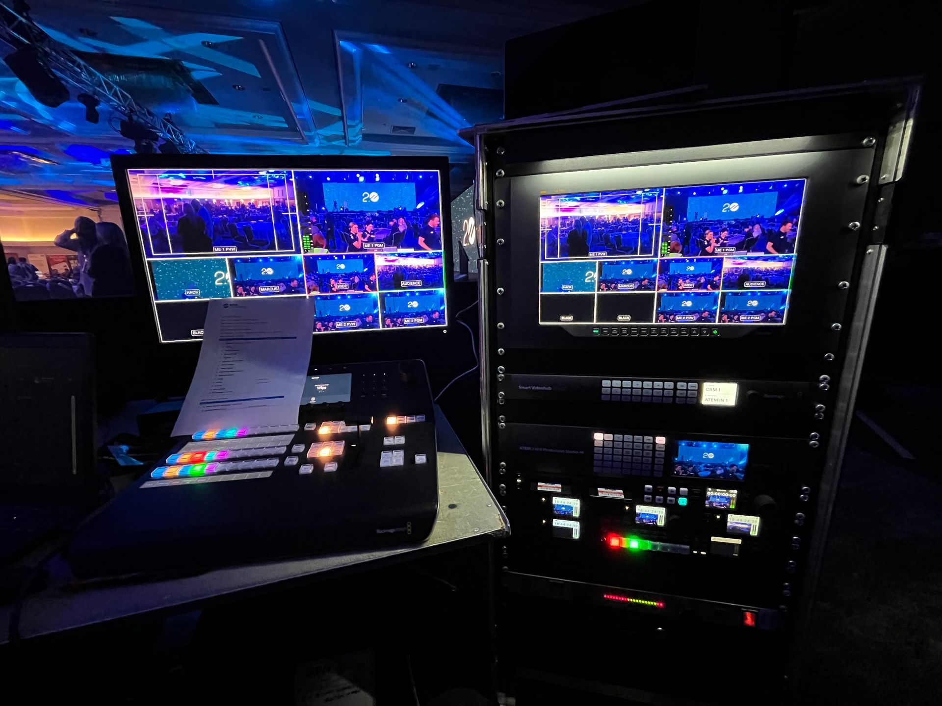 A live production control setup with monitors displaying multiple camera angles.