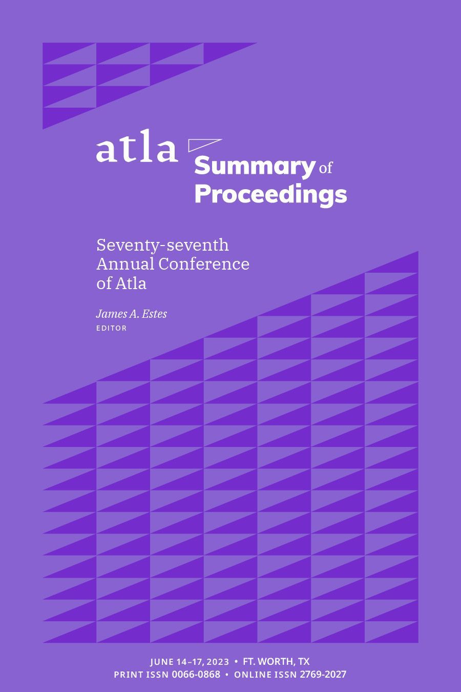 Purple cover of ATLA Summary of Proceedings with geometric triangle pattern and white title text.