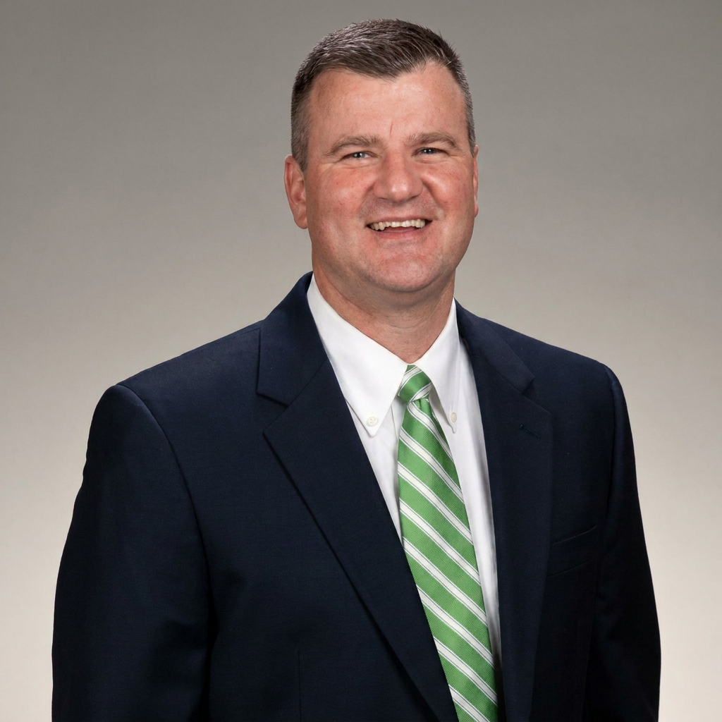 Portrait of a man in a dark suit with a green striped tie, smiling against a gray background