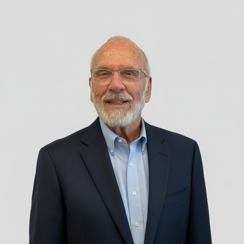 Smiling man in a navy blazer and light blue shirt against a plain white background