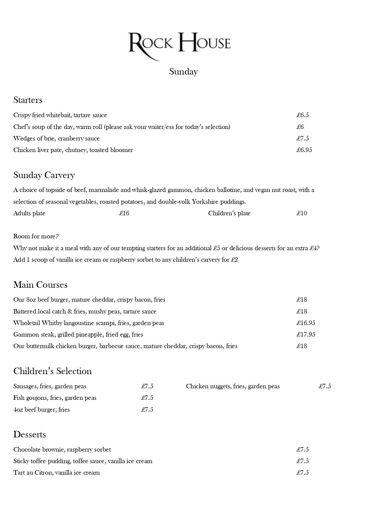 Sunday menu for Rock House with starters, Sunday Carvery, main courses, children's selection, and desserts.