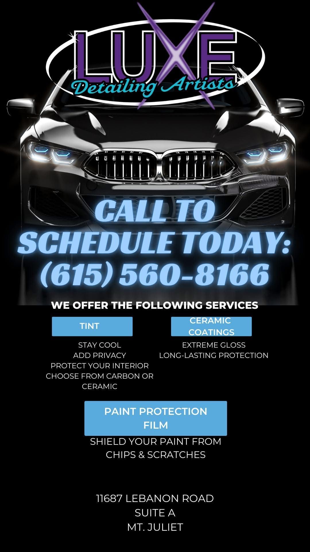 Advertisement for Luxe Detailing Artists; shows a black car, phone number, and services offered.