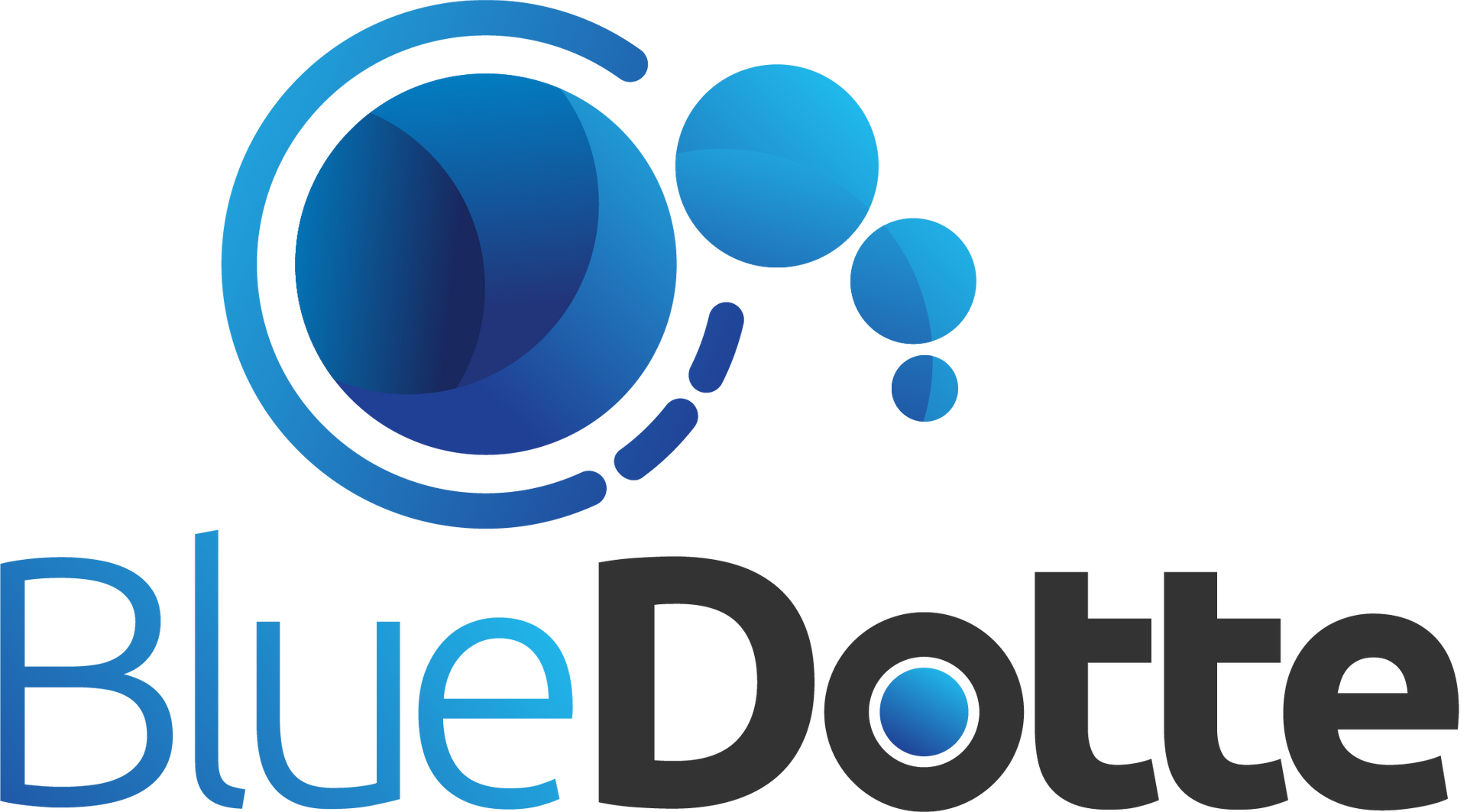A blue dotte logo with blue bubbles on a white background