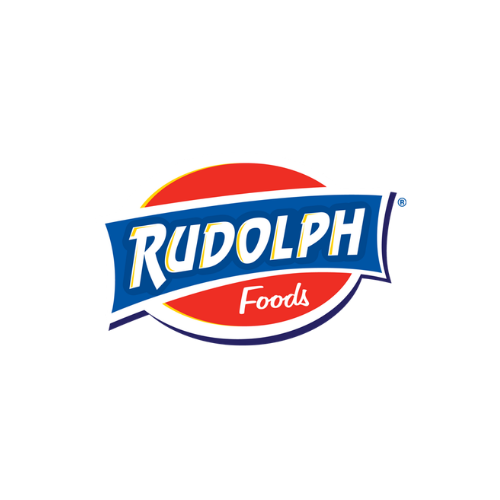 The Rudolph Foods logo featuring blue text on a curved banner over a red oval background.